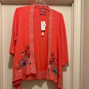Johnny Was Vibrant Coral Embroidered Cardigan